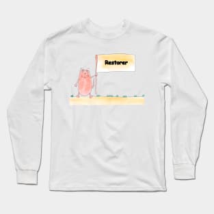 Restorer. Profession, work, job. Cat shows a banner with the inscription. Watercolor illustration. A gift for a professional. Long Sleeve T-Shirt